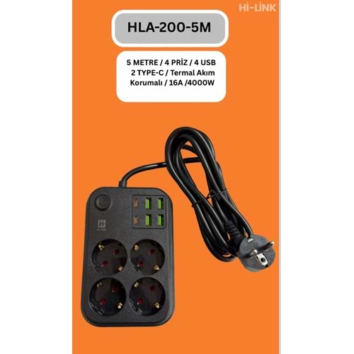 Hİ-LİNK HLA-200-5 5 METRE 4 PRİZ 4 USB 2 TYPE-C Termal Akım Korumalı 16A 4000W 344515