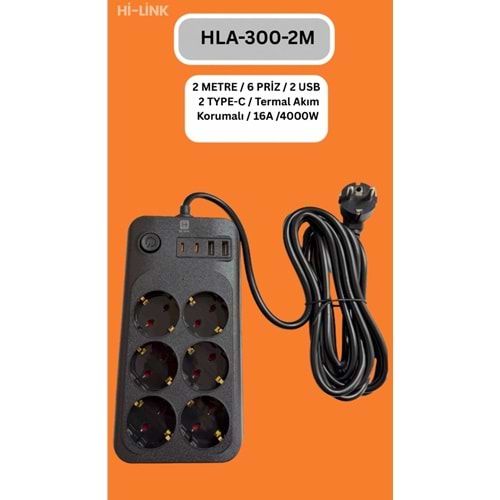 Hİ-LİNK HLA-200-3 3 METRE 4 PRİZ 4 USB 2 TYPE-C Termal Akım Korumalı 16A 4000W 344516