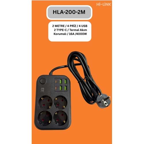 Hİ-LİNK HLA-200-2 2 METRE 4 PRİZ 4 USB 2 TYPE-C Termal Akım Korumalı 16A 4000W 344517