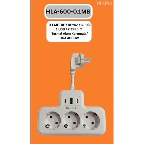 Hİ-LİNK HLA-600-01B 20CM BEYAZ 3 PRİZ 1 USB 2 TYPE-C Termal Akım Korumalı 16A 4000W 344518