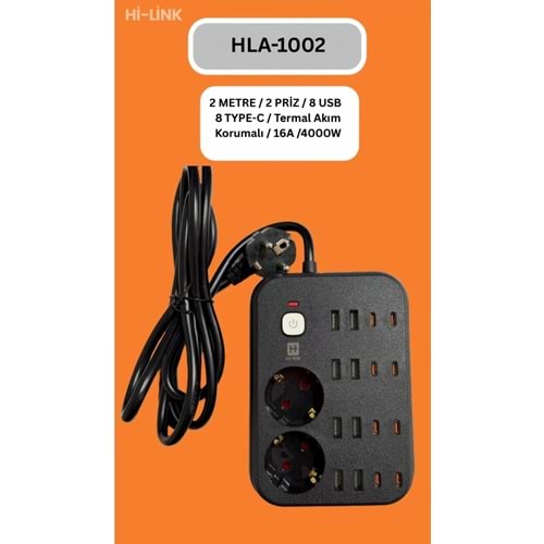 Hİ-LİNK HLA-1002 2 METRE 2 PRİZ 8 USB 8 TYPE-C Termal Akım Korumalı 16A 4000WW 344522