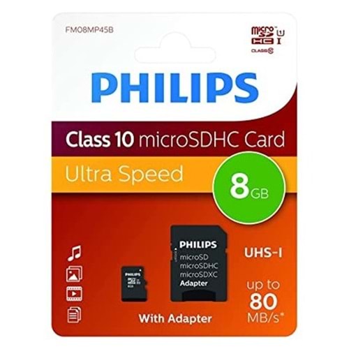 Philips 8GB HAFIZA KARTI Class10 UHS-I U1 TF Adaptörlü Micro SDHC 423040