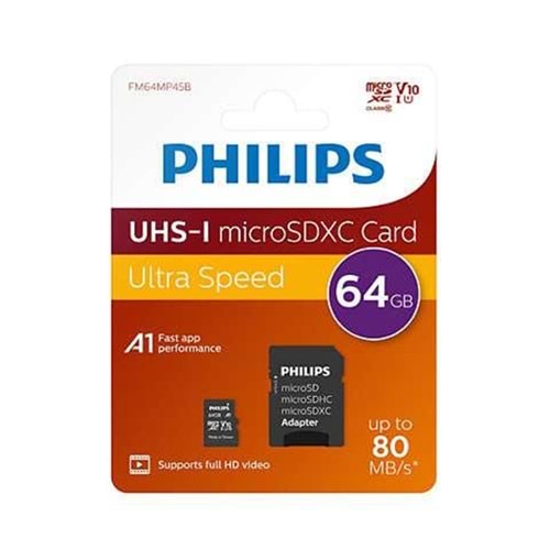 Philips 64GB HAFIZA KARTI Class10 UHS-I U1 TF Adaptörlü Micro SDHC