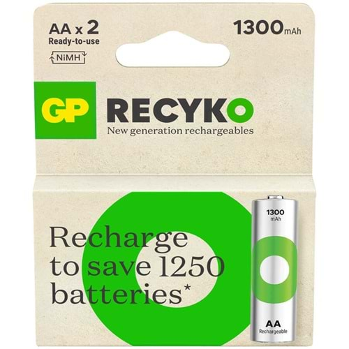 GP Batteries ReCyko 1300 AA Kalem Ni-MH Şarjlı Pil, 1.2 Volt, 2'li Kart 661162