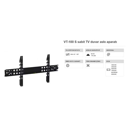 Vontech VT-100S “42-100” Kilitli Sabit Lcd-Led Tv Duvar Askı Aparatı 221023
