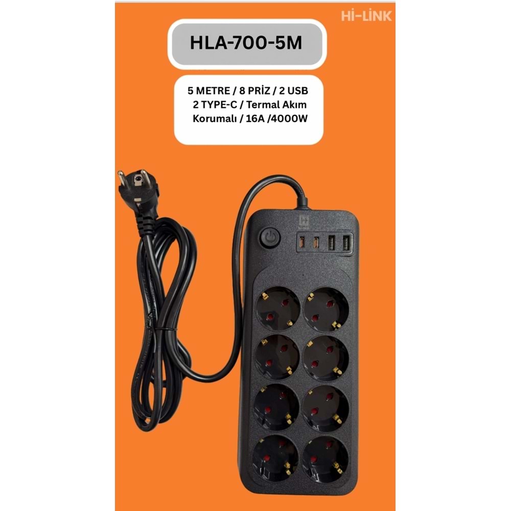 Hİ-LİNK HLA-700-5 5 METRE 8 PRİZ 2 USB 2 TYPE-C Termal Akım Korumalı 16A 4000W 344503