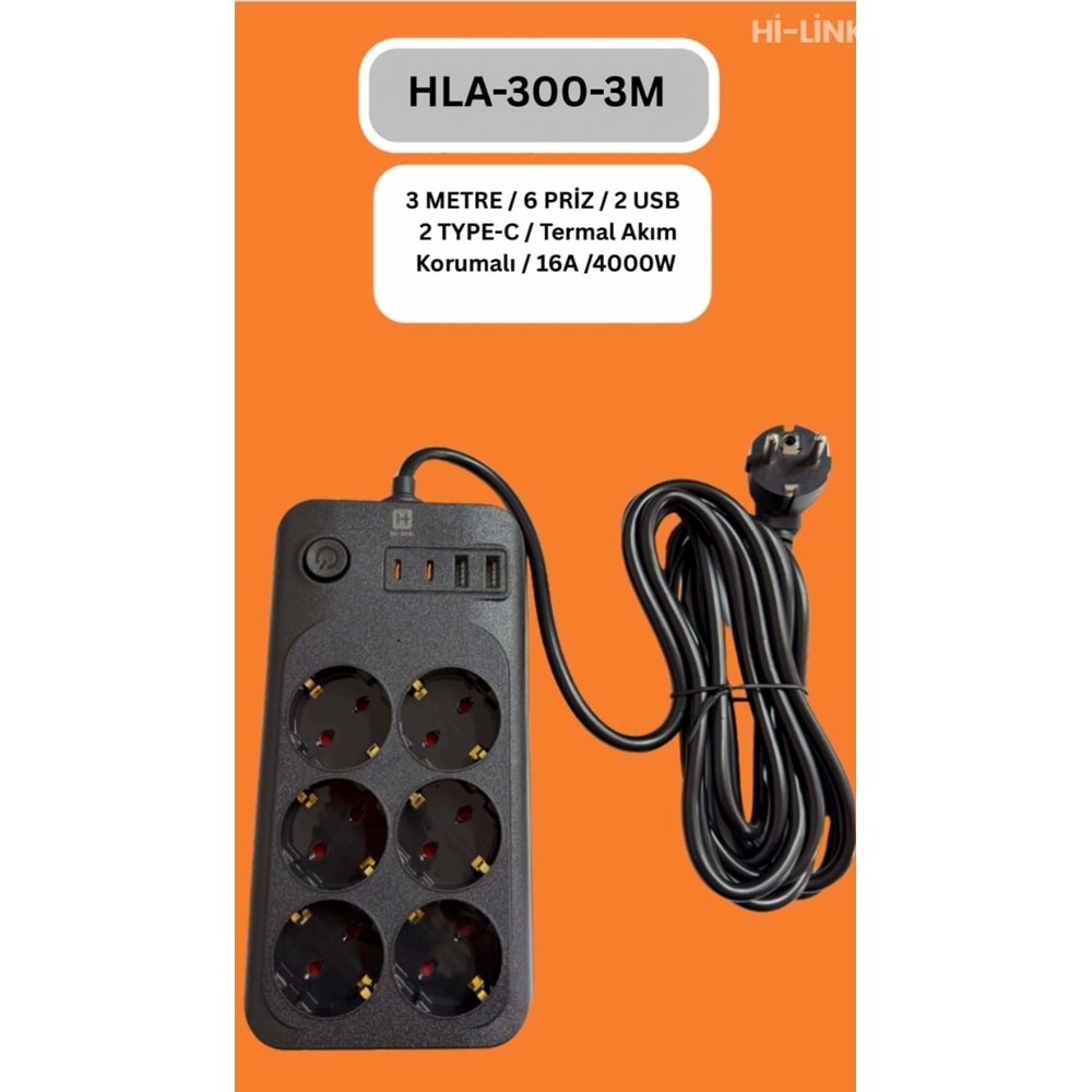 Hİ-LİNK HLA-300-3 3 METRE 6 PRİZ 2 USB 2 TYPE-C Termal Akım Korumalı 16A 4000W 344507