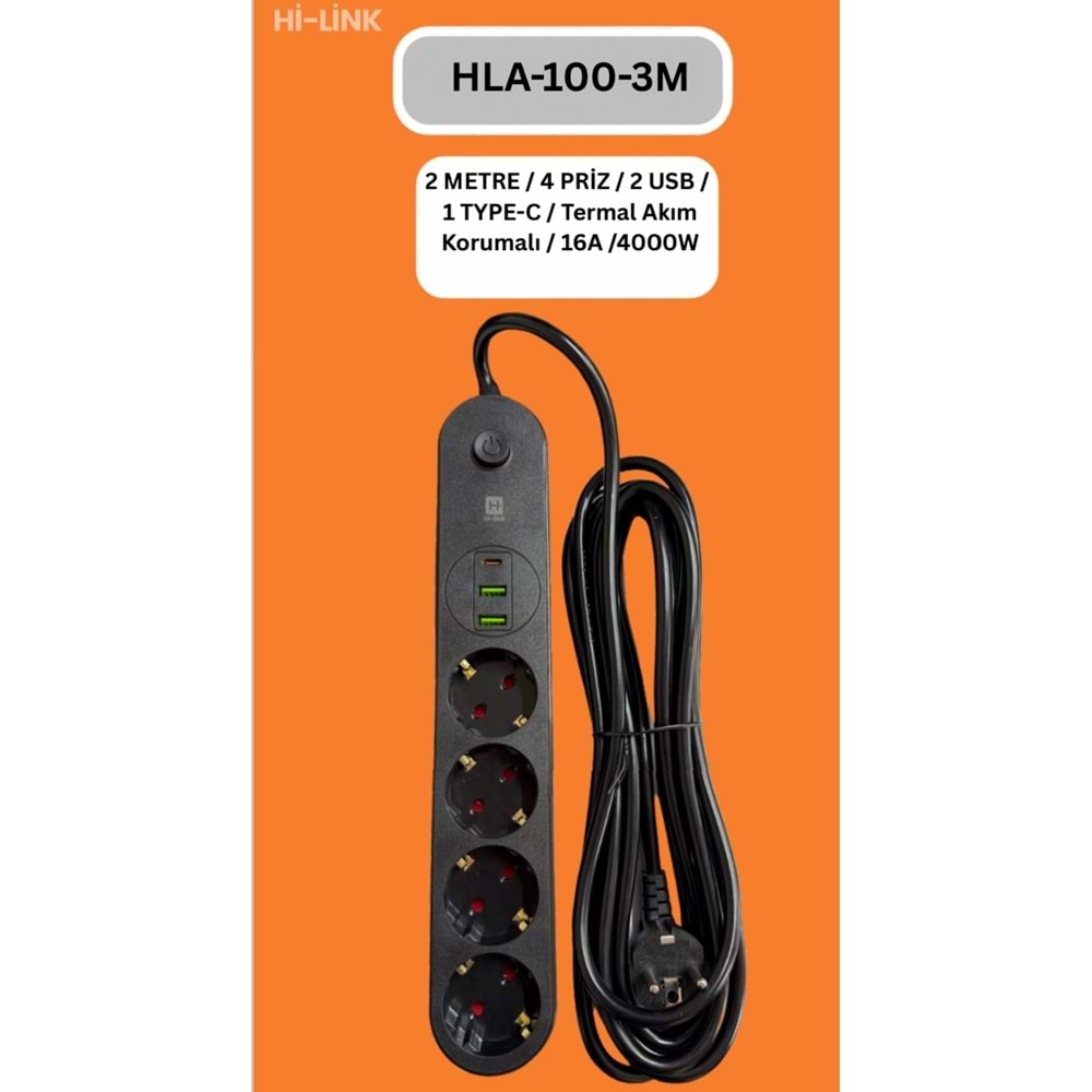 Hİ-LİNK HLA-100-3 3 METRE 4 PRİZ 2 USB 1 TYPE-C Termal Akım Korumalı 16A 4000W 344510