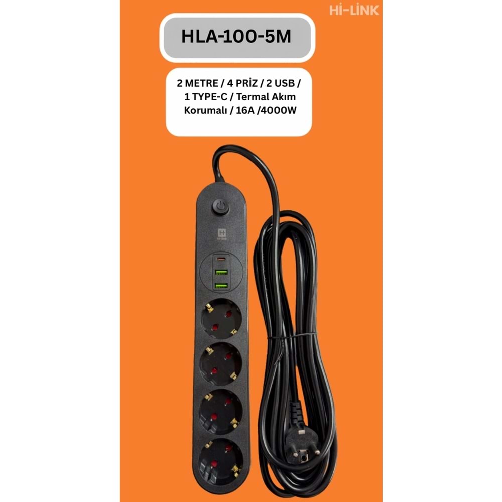 Hİ-LİNK HLA-100-5 5 METRE 4 PRİZ 2 USB 1 TYPE-C Termal Akım Korumalı 16A 4000W 344511