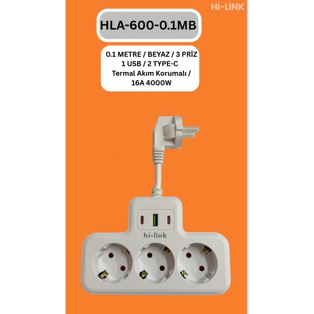 Hİ-LİNK HLA-600-01B 20CM BEYAZ 3 PRİZ 1 USB 2 TYPE-C Termal Akım Korumalı 16A 4000W 344518