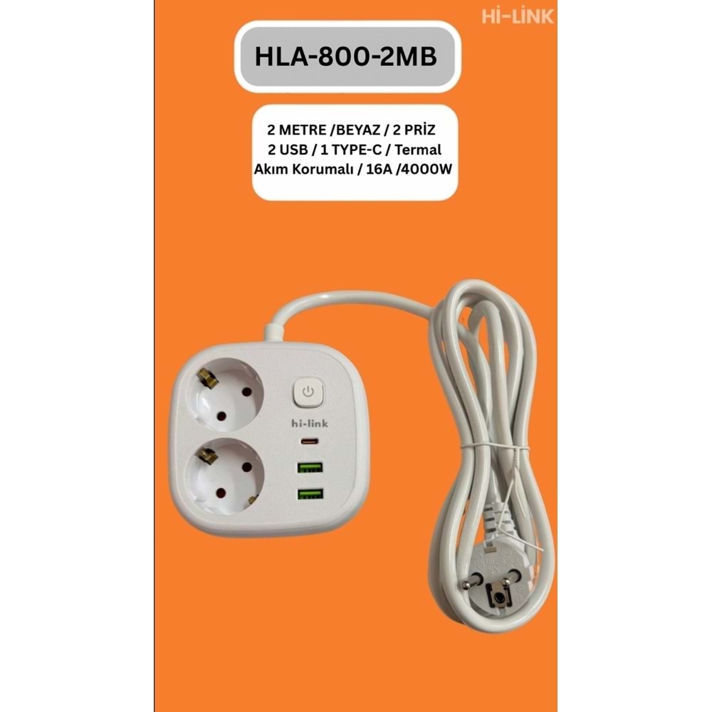 Hİ-LİNK HLA-800-2B 2 METRE BEYAZ 2 PRİZ 2 USB 1 TYPE-C Termal Akım Korumalı 16A 4000W 344520