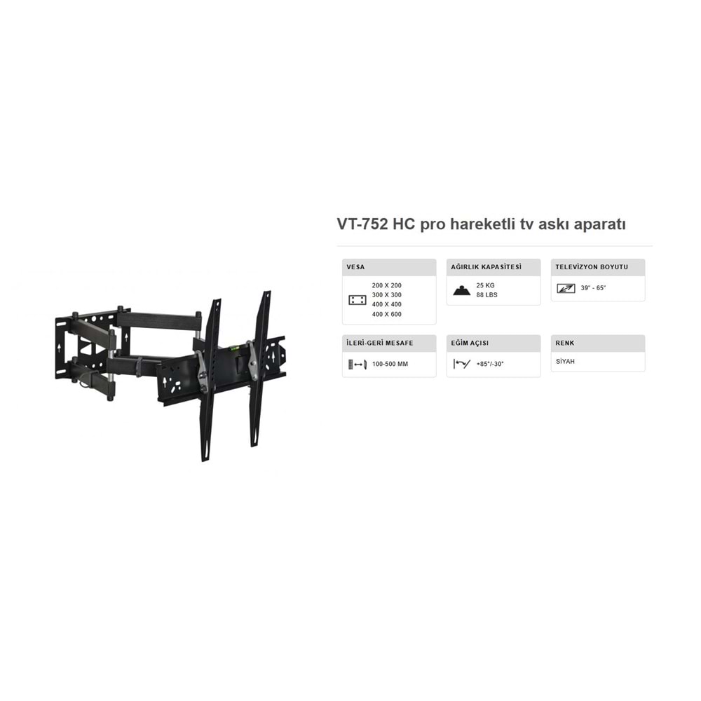 Vontech VT-752 HC PRO 39-65'' çift kollu Kilitli Hareketli Duvar Askı Aparatı 222003