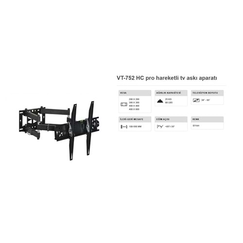 Vontech VT-752 HC PRO 39-65'' çift kollu Kilitli Hareketli Duvar Askı Aparatı 222003